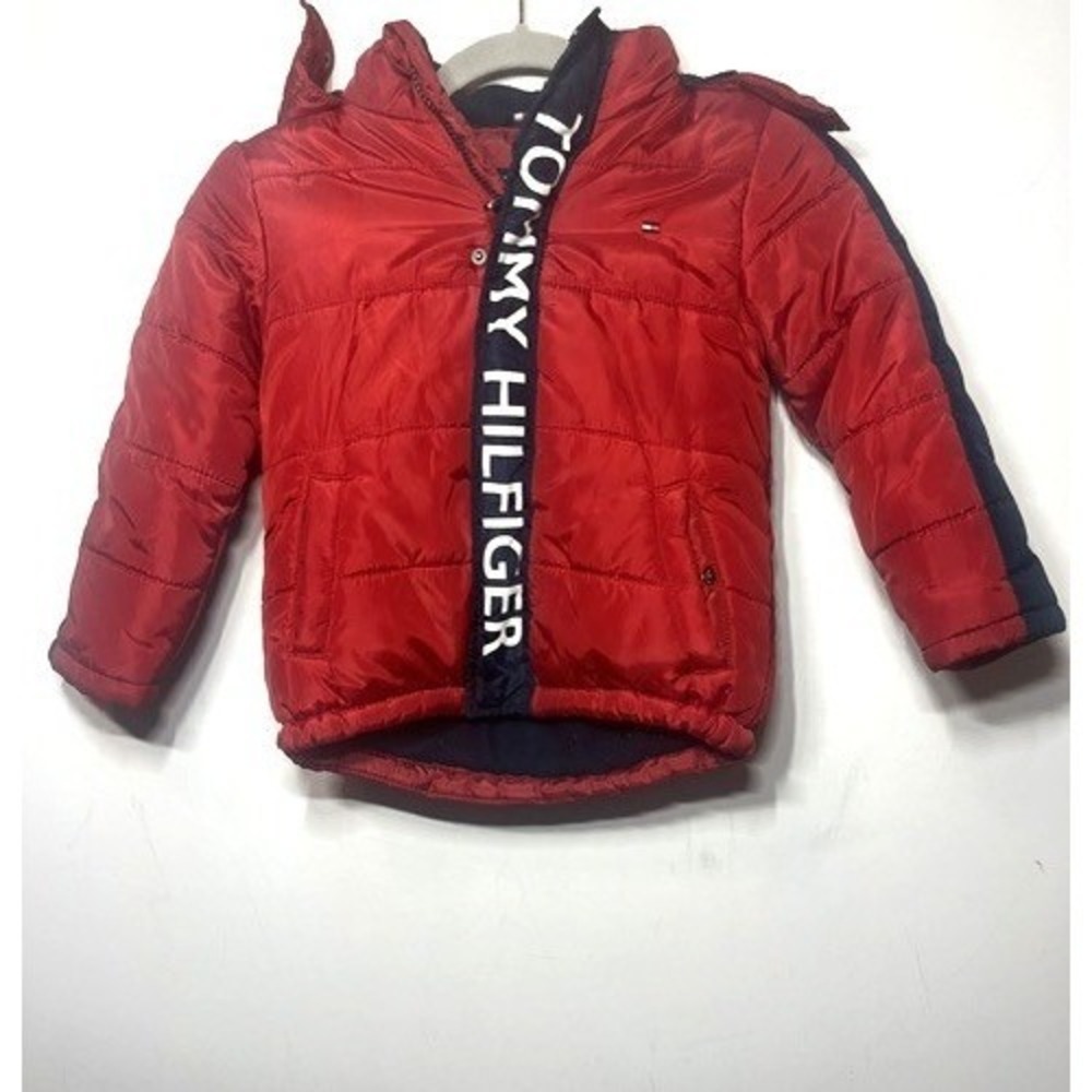 Tommy Hilfiger Kids Red Navy Puffer Jacket Hooded Fleece Lined Coat 4T TBFFM100
